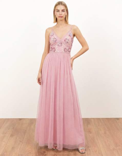 Maya Floral embellished spot mesh cami maxi dress in soft pink - view 1
