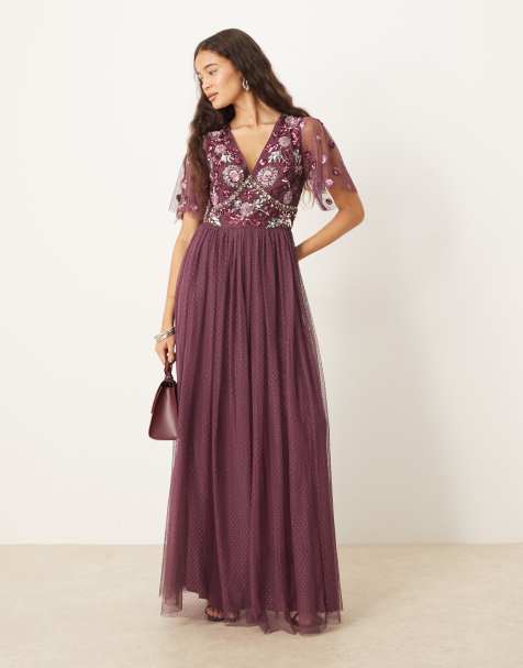 Maya Floral embellished spot mesh maxi dress in berry - view 1