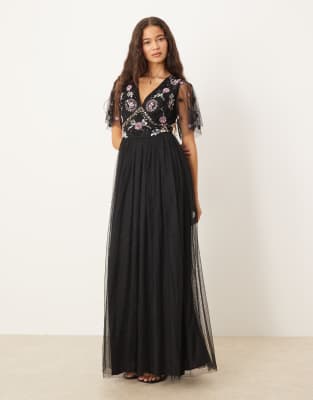 Maya Floral Embellished Spot Mesh Maxi Dress In Black