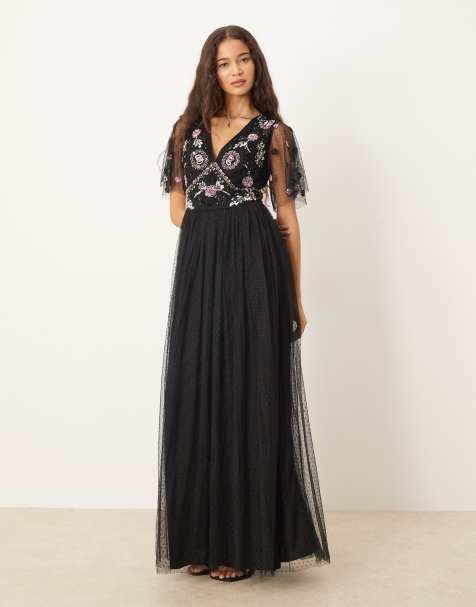 Maya Floral embellished spot mesh maxi dress in black