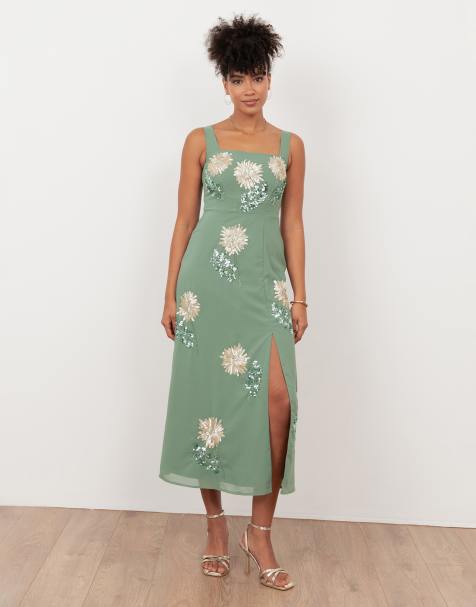 Maya Floral embellished square neck midaxi dress in deep mint