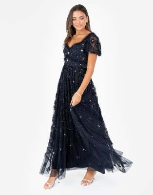 Maya Floral Embellished Sweetheart Neck Maxi Dress In Blue
