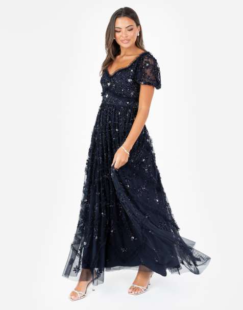 Maya Floral embellished sweetheart neck maxi dress in navy
