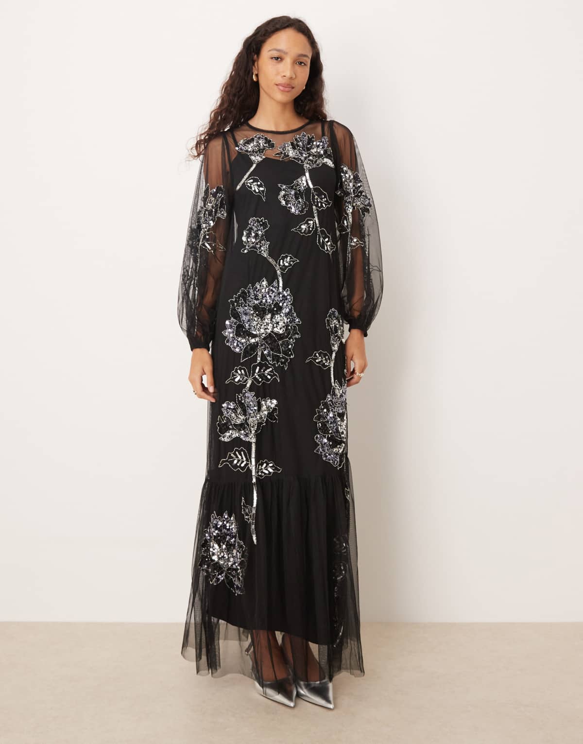Maya Floral embellished tulle overlay long sleeve maxi dress in black