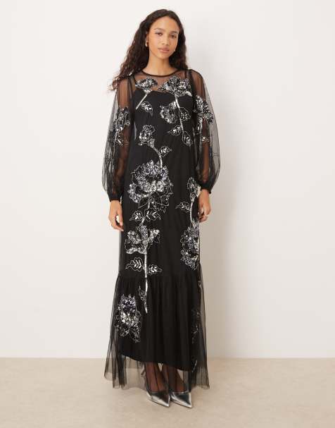 Maya Floral embellished tulle overlay long sleeve maxi dress in black