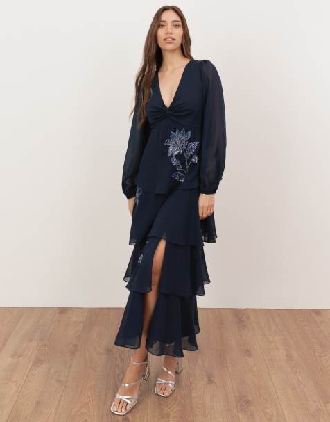 Maya Floral embellished twist-front long sleeve tiered midaxi dress in navy - view 1