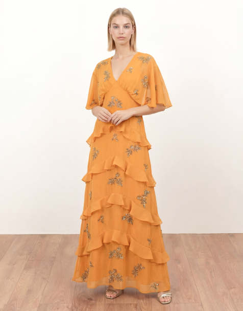 Maya Floral embellished v neck kimono sleeve ruffled maxi dress in amber