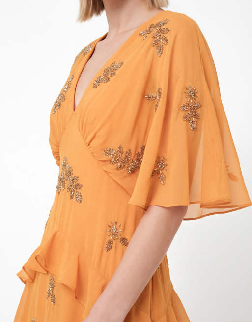 Maya Floral embellished v neck kimono sleeve ruffled maxi dress in amber, 2 of 4