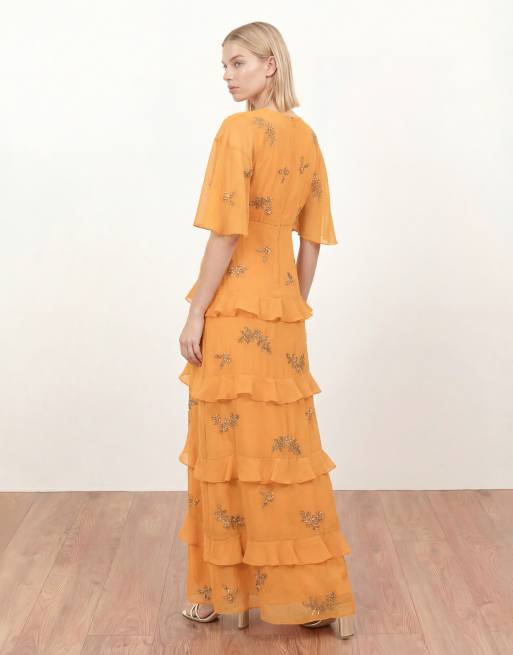 Maya Floral embellished v neck kimono sleeve ruffled maxi dress in amber, 3 of 4
