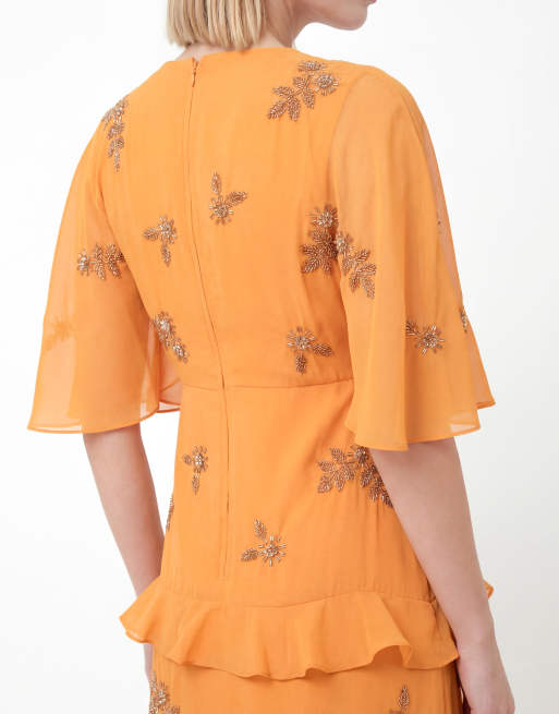 Maya Floral embellished v neck kimono sleeve ruffled maxi dress in amber, 4 of 4