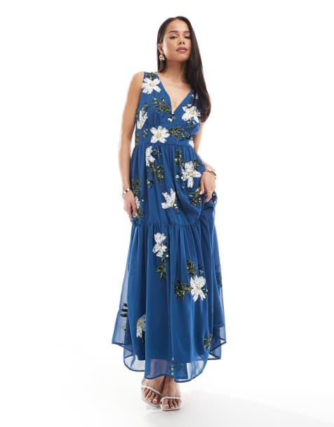 Maya Floral embellished v neck midaxi dress in blue