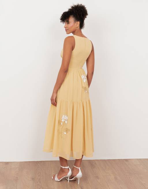 Maya Floral embellished v neck midaxi dress in buttercream, 3 of 4