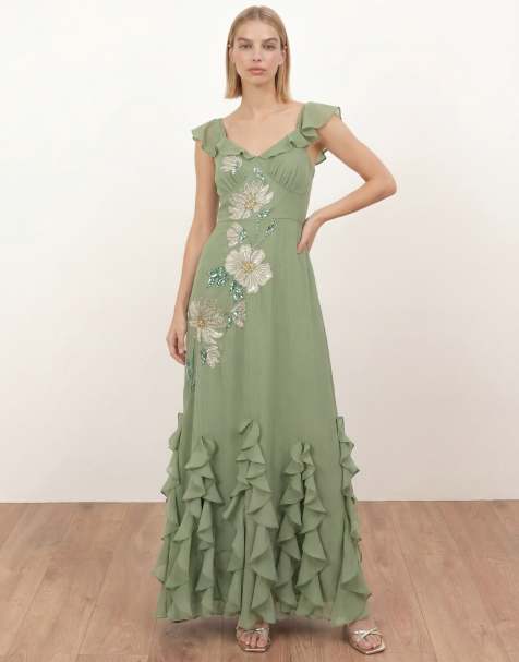 Maya Floral embellished waterfall ruffle maxi dress in olive green - view 1