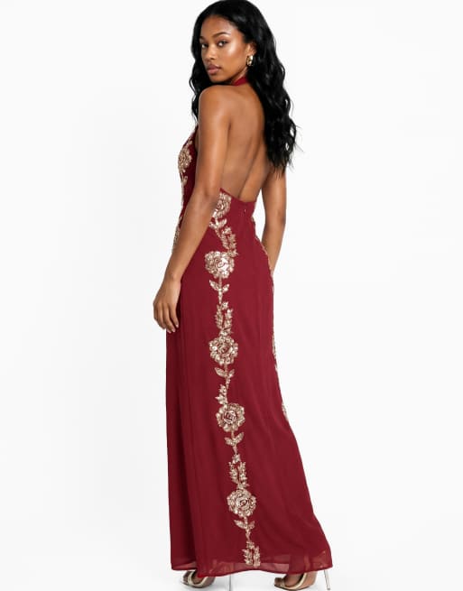 Maya Floral embellishment halter neck open back maxi dress in red, 2 of 5