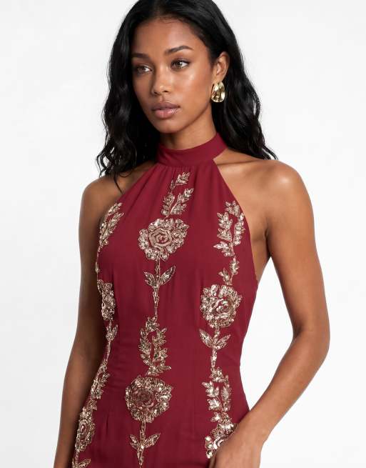 Maya Floral embellishment halter neck open back maxi dress in red, 3 of 5