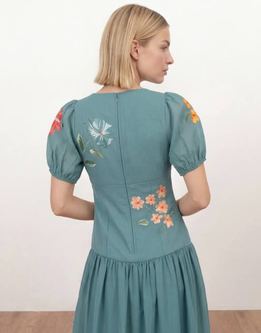 Maya Floral embroidered dropped waist midaxi dress in turquoise | ASOS