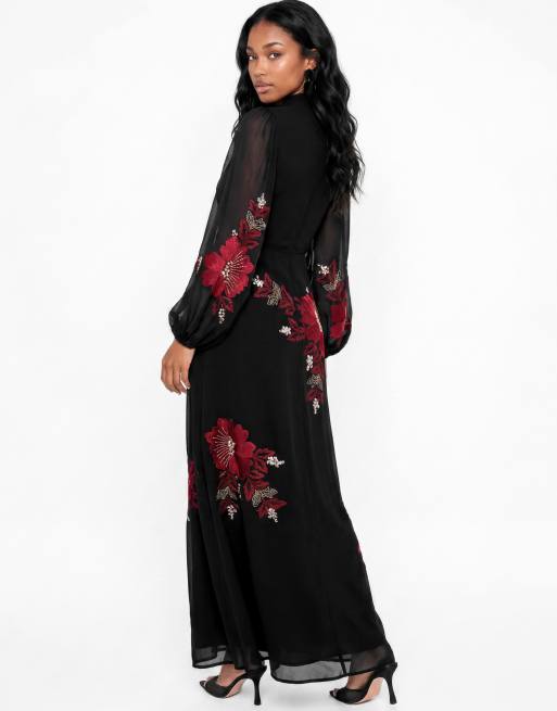 Maya Floral embroidered faux wrap maxi dress in black, 2 of 7