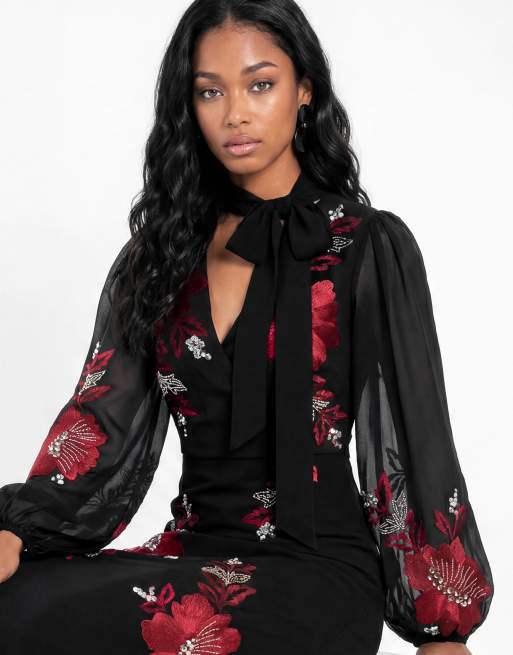 Maya Floral embroidered faux wrap maxi dress in black, 3 of 7