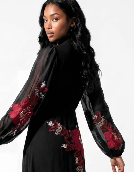 Maya Floral embroidered faux wrap maxi dress in black, 4 of 7