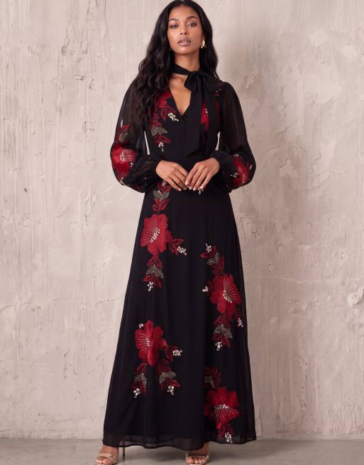 Maya Floral embroidered faux wrap maxi dress in black, 6 of 7