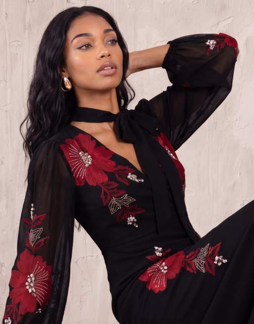 Maya Floral embroidered faux wrap maxi dress in black, 7 of 7