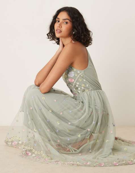 Maya Floral embroidered halter neck midaxi dress in sage green - view 1