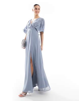 Maya Floral embroidered short sleeve maxi bridesmaid dress in dusty blue