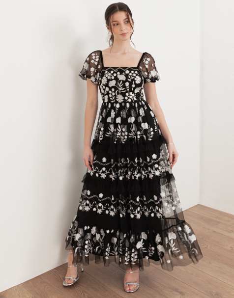 Maya Floral embroidered short sleeve midaxi dress in black - view 1