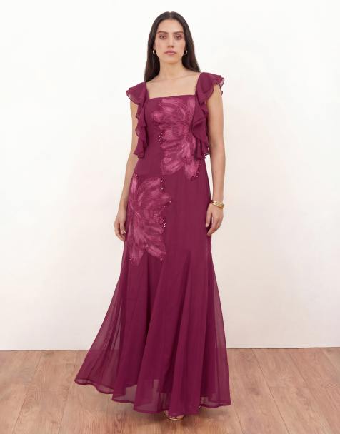 Maya Floral embroidered strappy godet maxi dress in deep pink - view 1