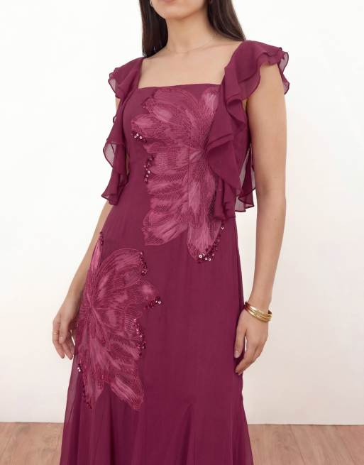 Maya Floral embroidered strappy godet maxi dress in deep pink, 2 of 4