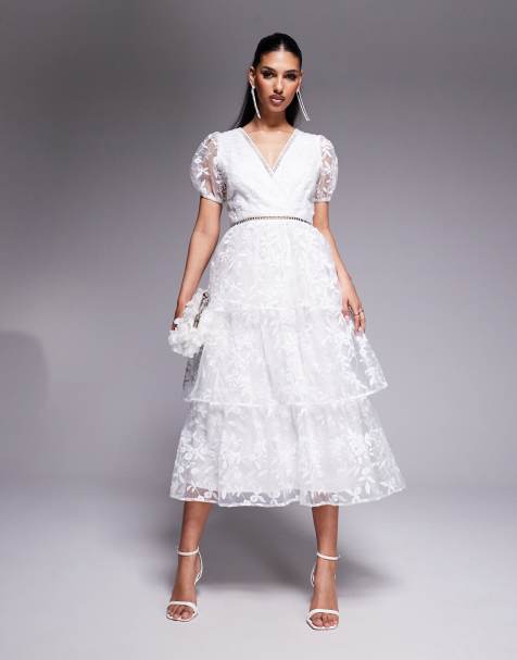 Maya Floral embroidered tiered organza midi dress in white