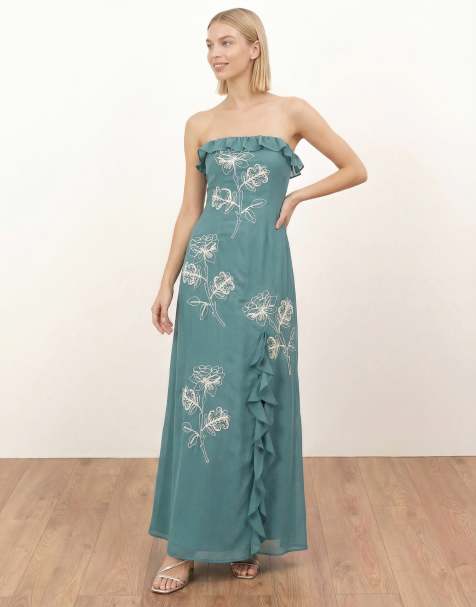 Maya Floral embroidery bandeau maxi dress in turquoise - view 1