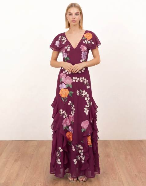 Maya Floral embroidery cape sleeve tie back maxi dress in deep pink - view 1