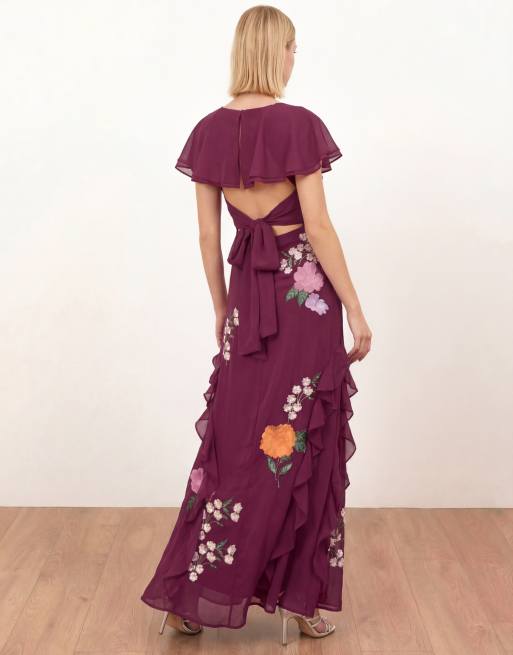 Maya Floral embroidery cape sleeve tie back maxi dress in deep pink, 4 of 4