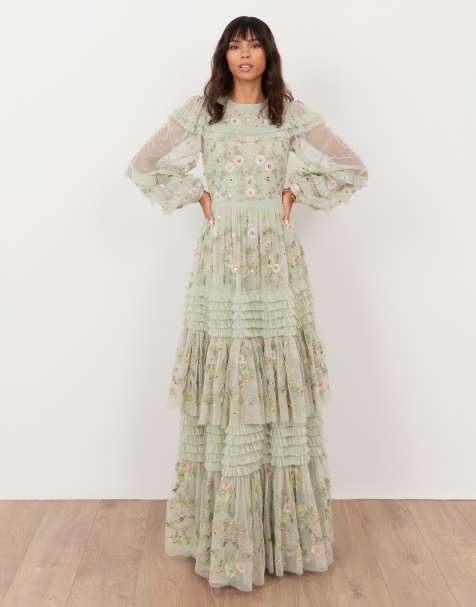 Maya Floral embroidery long sleeve frill maxi dress in meadow green - view 1