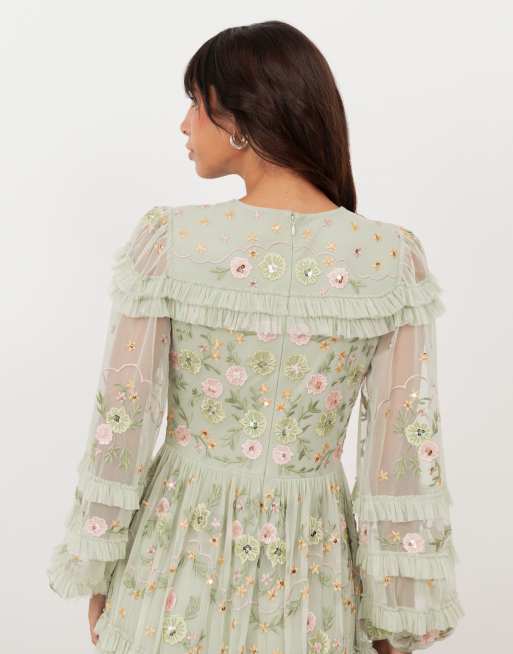 Maya Floral embroidery long sleeve frill maxi dress in meadow green | ASOS