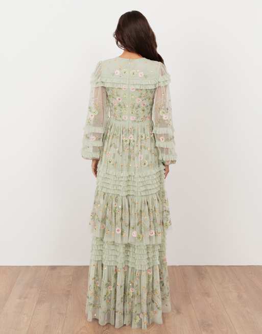 Maya Sage Green Floral Embellished Angel Sleeve Chiffon Maxi Dress