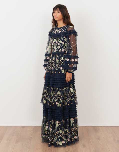 Maya Floral embroidery long sleeve frill maxi dress in navy - view 1