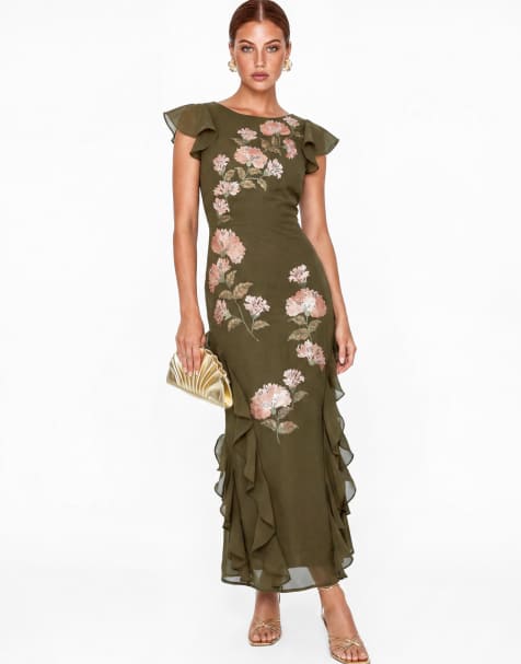 Maya Floral embroidery v-back ruffle midaxi dress in deep olive - view 1