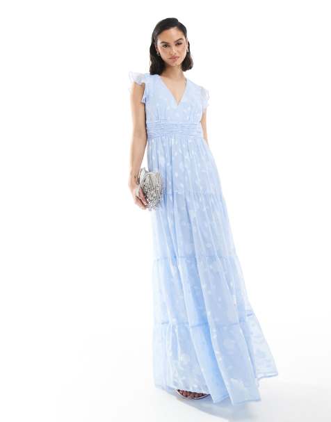 Maya Floral flutter sleeve v neck maxi dress in light blue - view 1