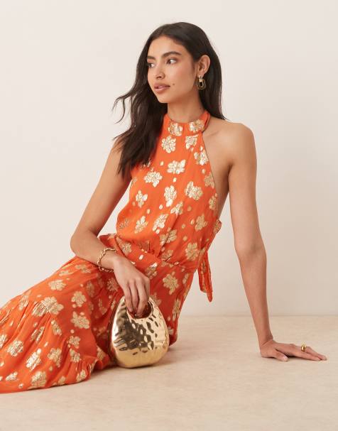 Maya Floral halter neck tiered midaxi dress in orange - view 1