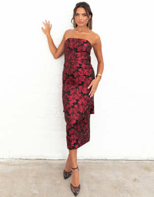 Maya Floral Jacquard Bandeau Midi Dress In Red