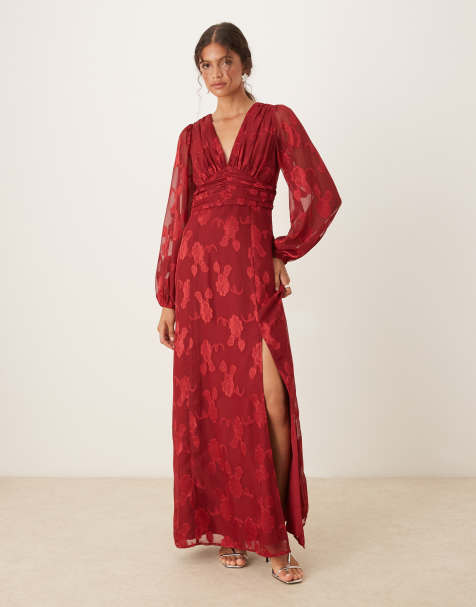 Maya Floral jacquard blouson sleeve maxi dress in deep red - view 1