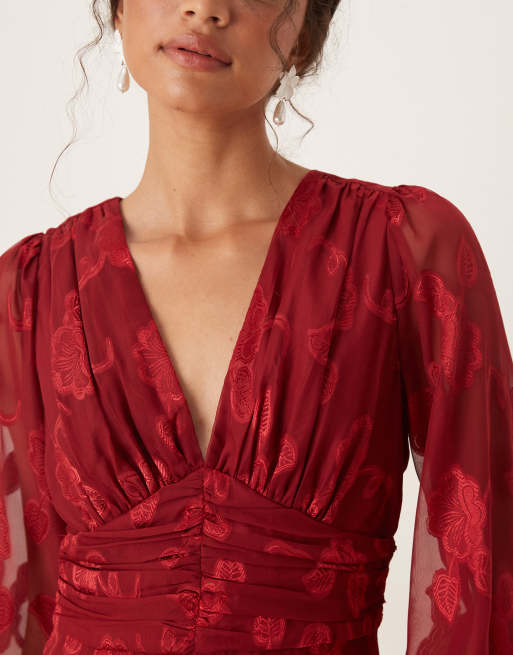 satin jacquard blouson sleeve maxi dress Maya Deep Red Floral Jacquard Blouson Sleeve Maxi Dress Maya Deluxe Red :  Premium Dresses : VogaCloset Oman