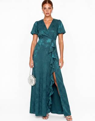 Maya Floral Jacquard Faxu Wrap Waterfall Ruffle Satin Maxi Dress In Blue