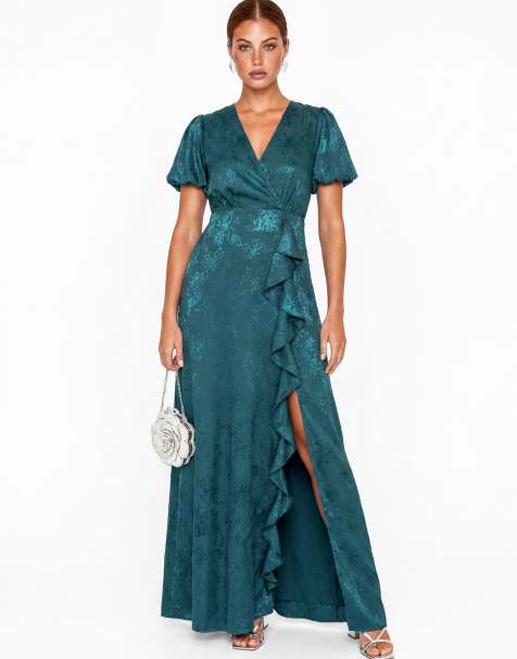 Maya Floral jacquard faxu wrap waterfall ruffle satin maxi dress in teal - view 1