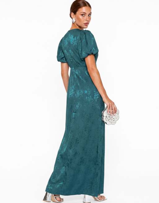 Maya Floral jacquard faxu wrap waterfall ruffle satin maxi dress in teal, 2 of 5