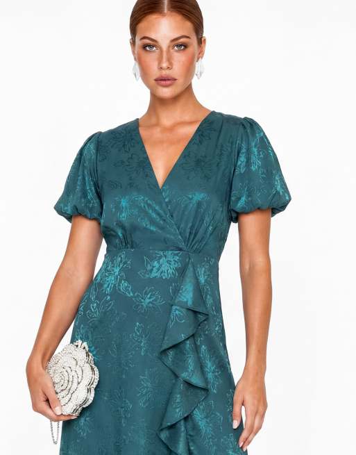 Maya Floral jacquard faxu wrap waterfall ruffle satin maxi dress in teal, 4 of 5