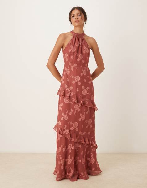 Maya Floral jacquard halter neck maxi dress in copper rose - view 1