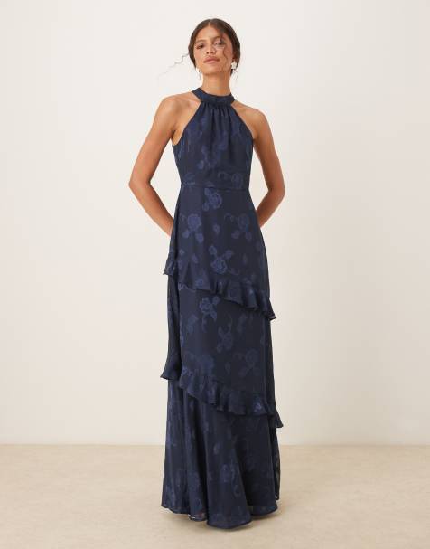 Maya Floral jacquard halter neck maxi dress in navy